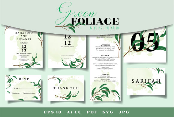 Green Foliage Wedding Suite Graphics for Print Templates